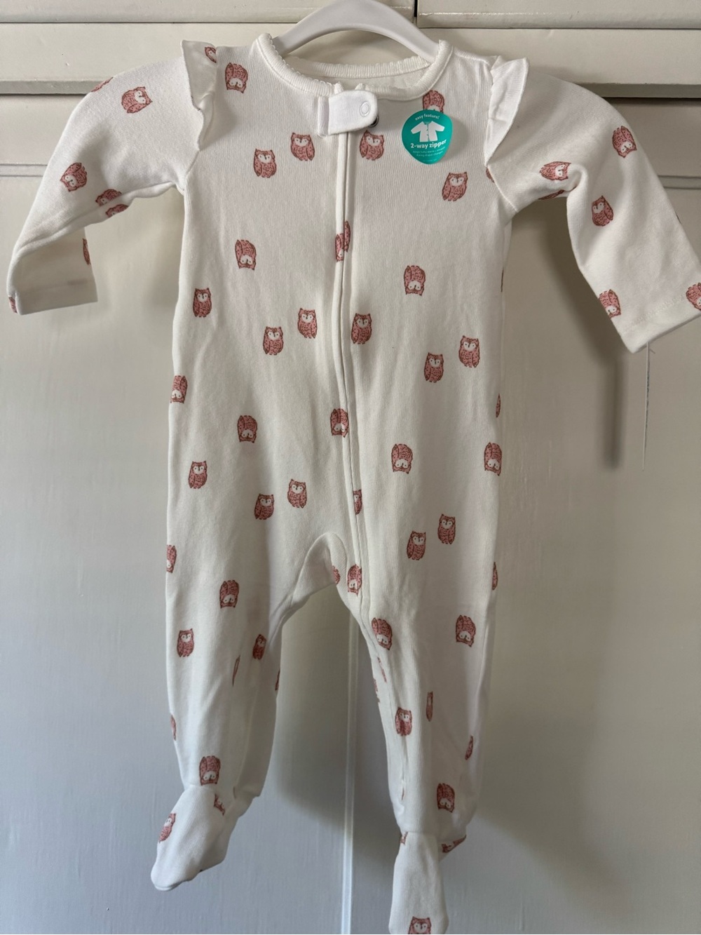 Carter’s Baby One-Piece Footed Zipper Romper with Owl Print - White / Rose 6-9m